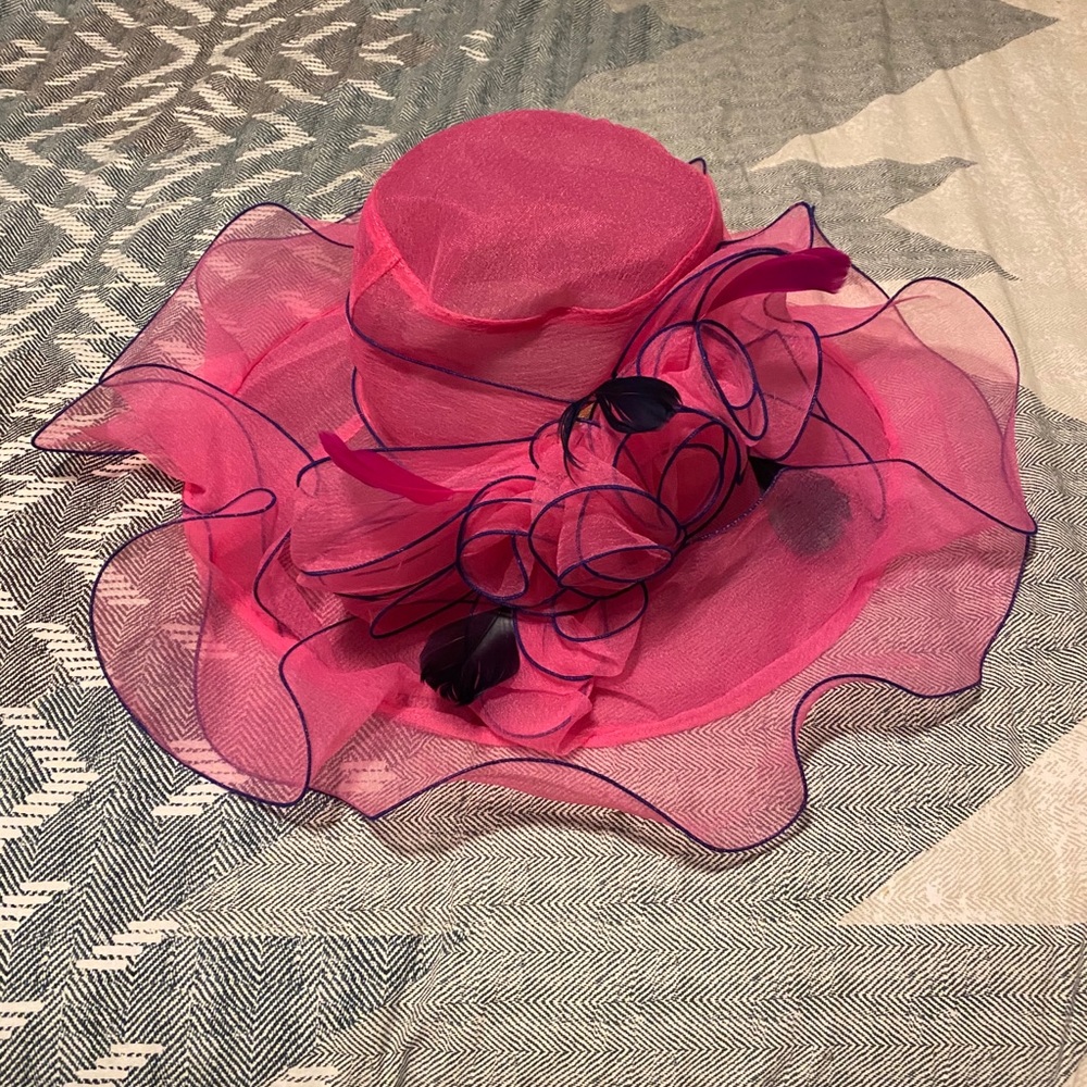 Pink and navy derby hat